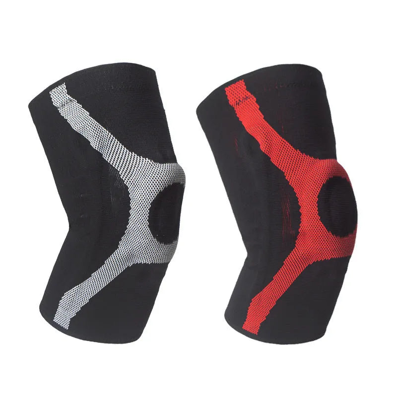 Red and grey silicone non-slip sports knee pads for running and climbing.