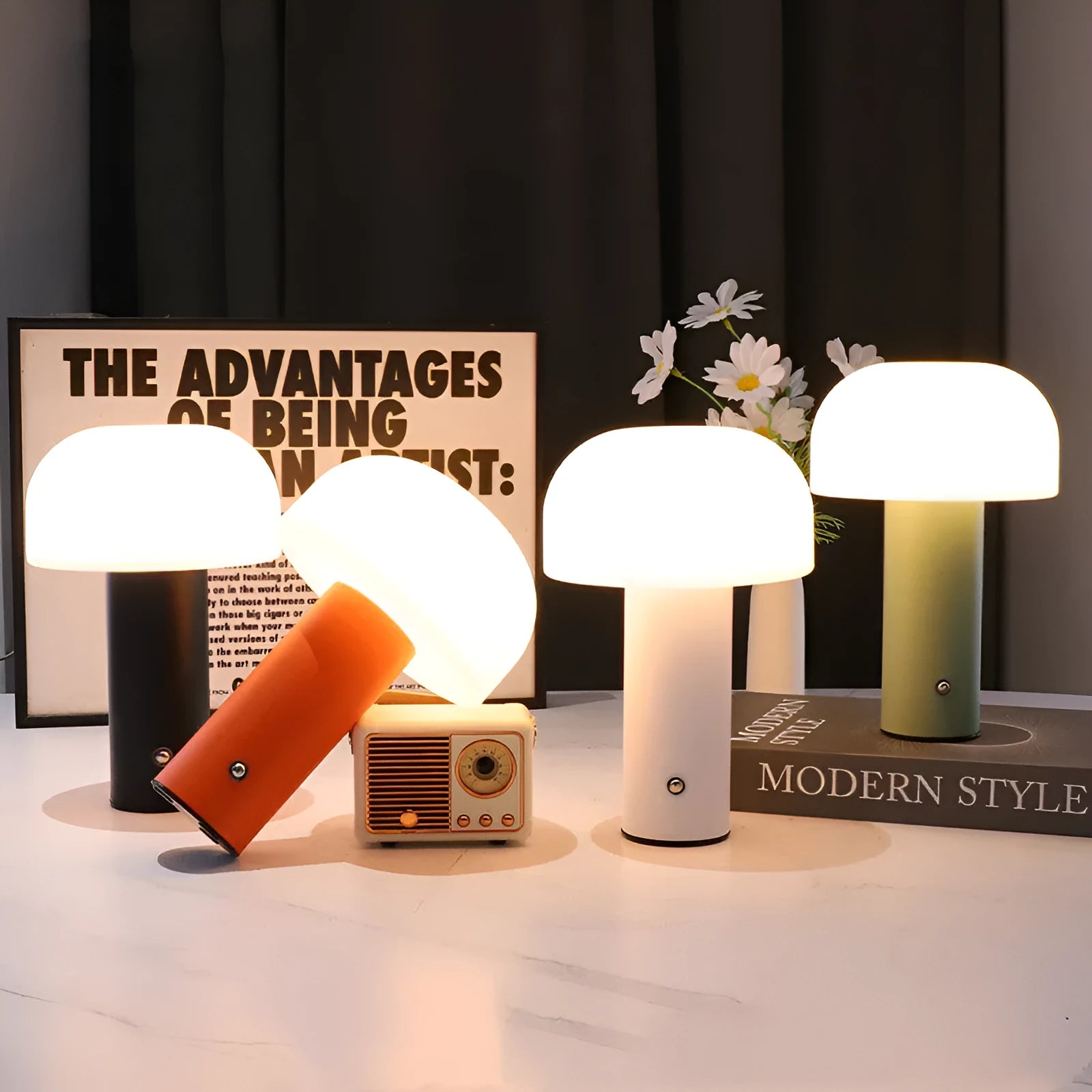 Plastic USB table lamp in black, green, orange, or white on a desk surface.