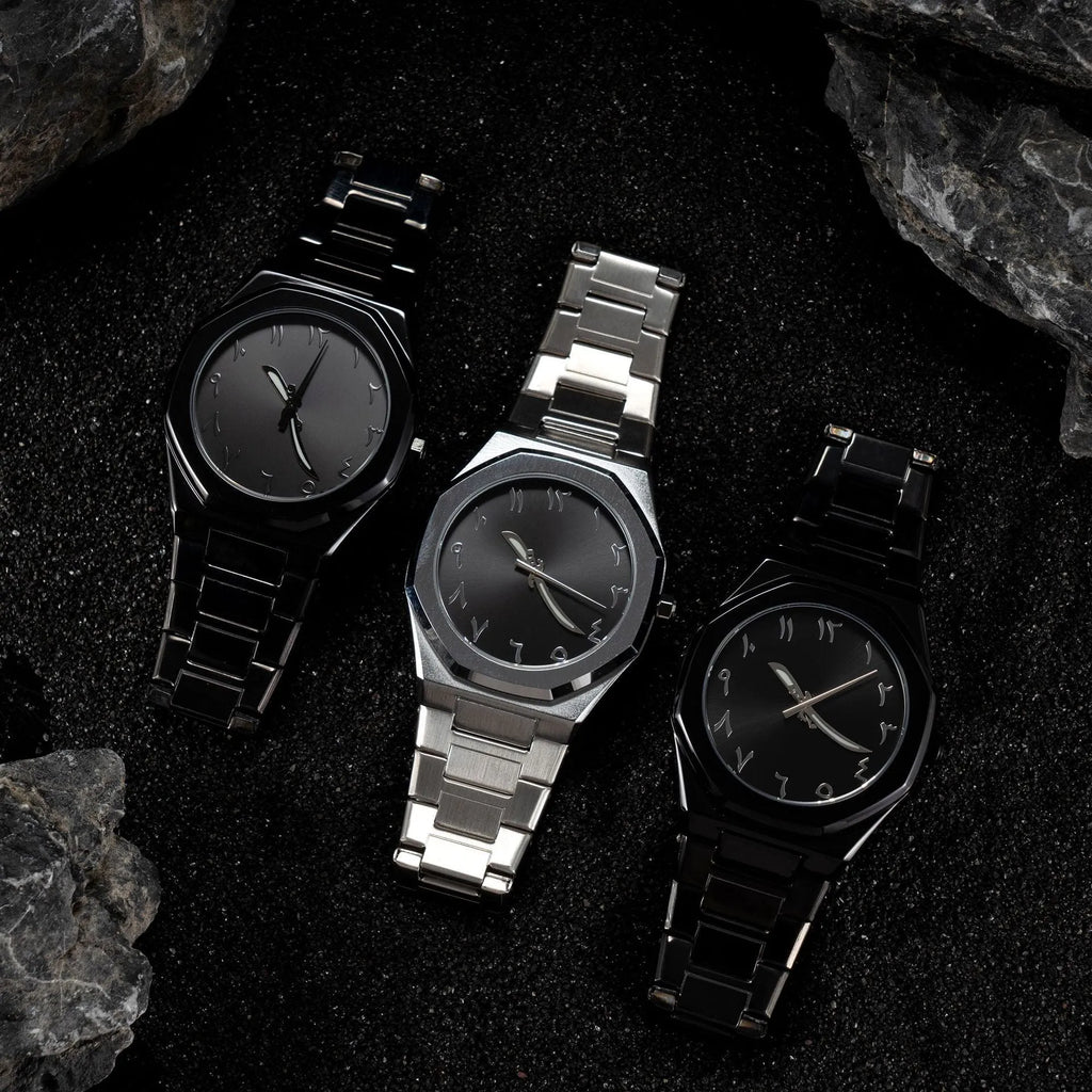 Men's business casual watch with stainless steel band and quartz movement in three colour options