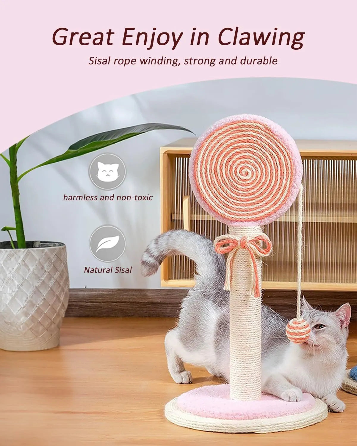 Blue cat scratching post with natural sisal rope and a hanging yellow ball toy on a wooden base.