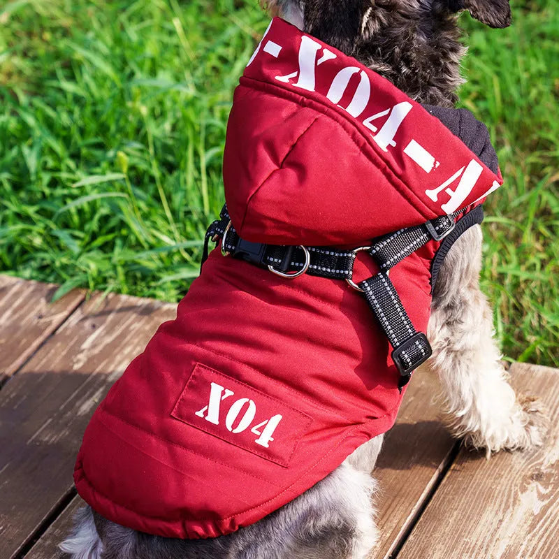 Red waterproof fleece-lined hooded winter jacket for a dog on a size guide.