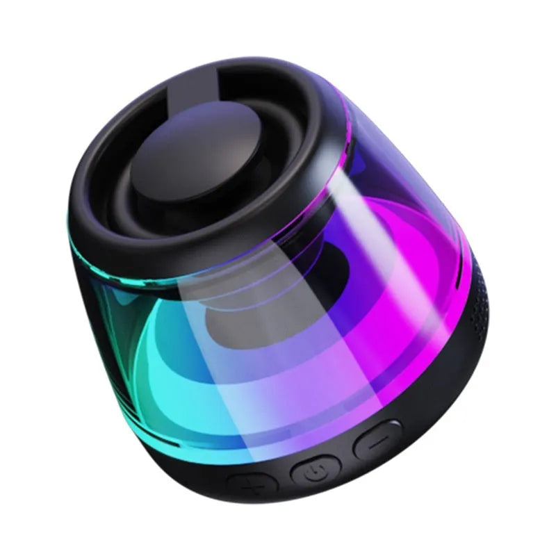 Portable wireless Bluetooth speaker with magnetic base and LED lighting in black or white