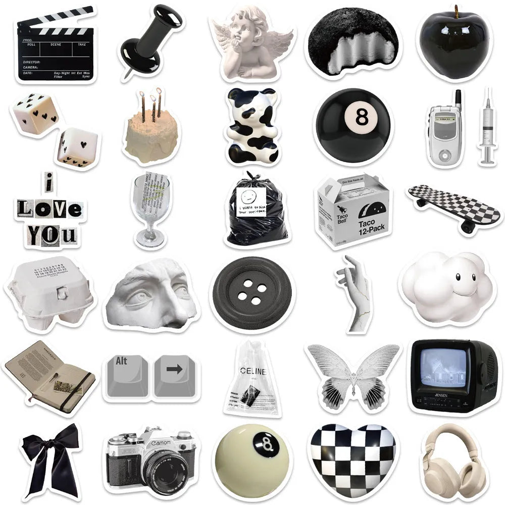 61 black and white PVC waterproof vinyl stickers for laptops, phones, and luggage.