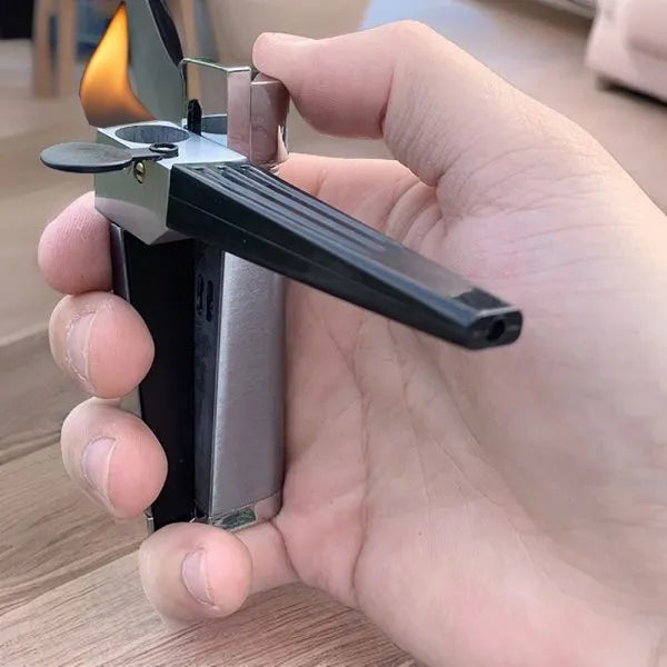 Metal pipe lighter with folding flap covering lighter mechanism and stash compartment