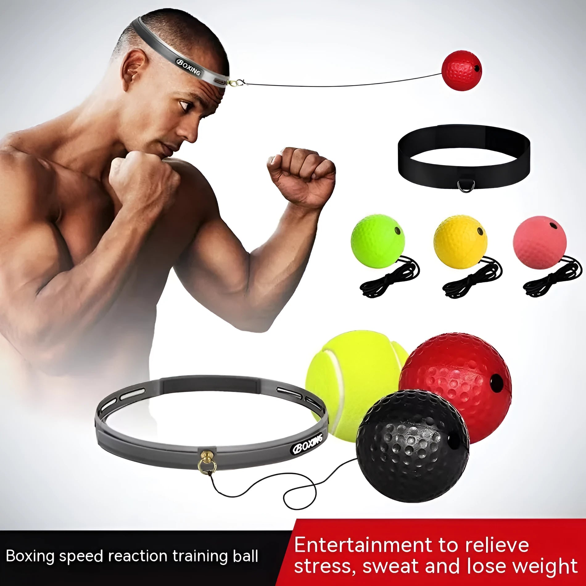 Head-mounted boxing reaction training ball set with adjustable headbands and multiple coloured balls on a white background.