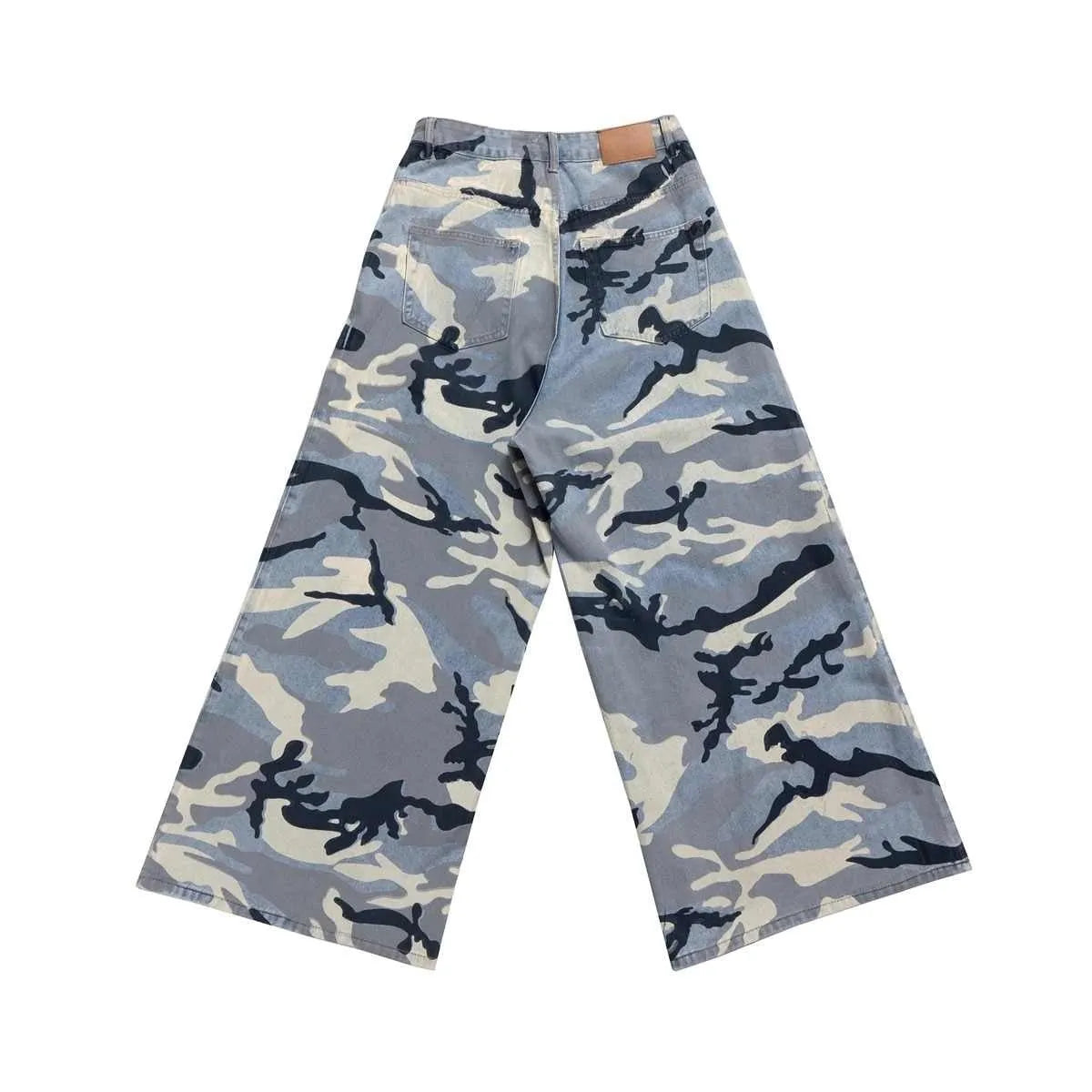 Snow camouflage blue loose fit jeans with mid waist on a plain background