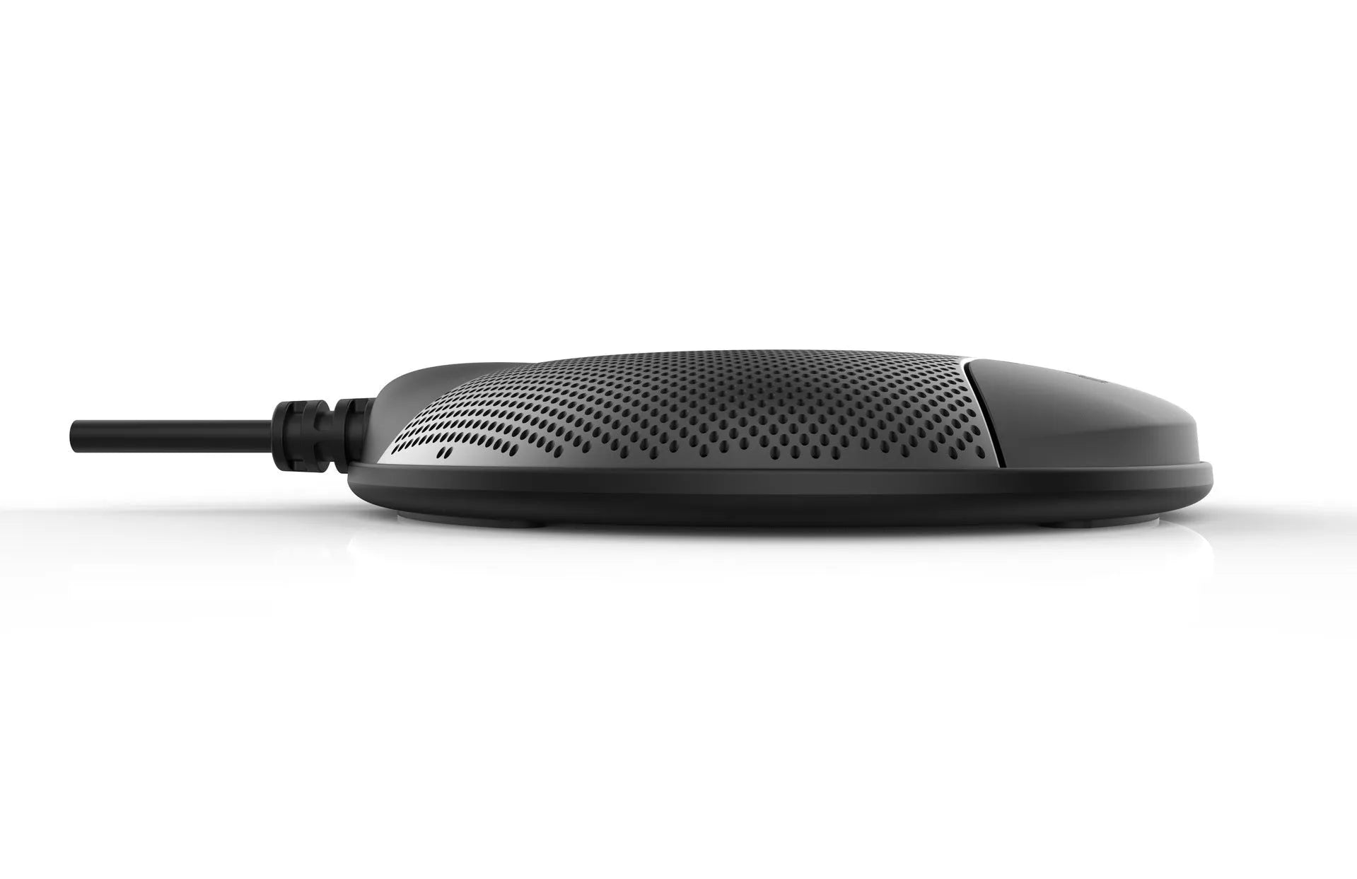 Black USB condenser microphone with compact square design for conference calls and gaming