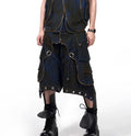 Blue hooded denim vest and matching trousers set with front zipper closure in Korean style