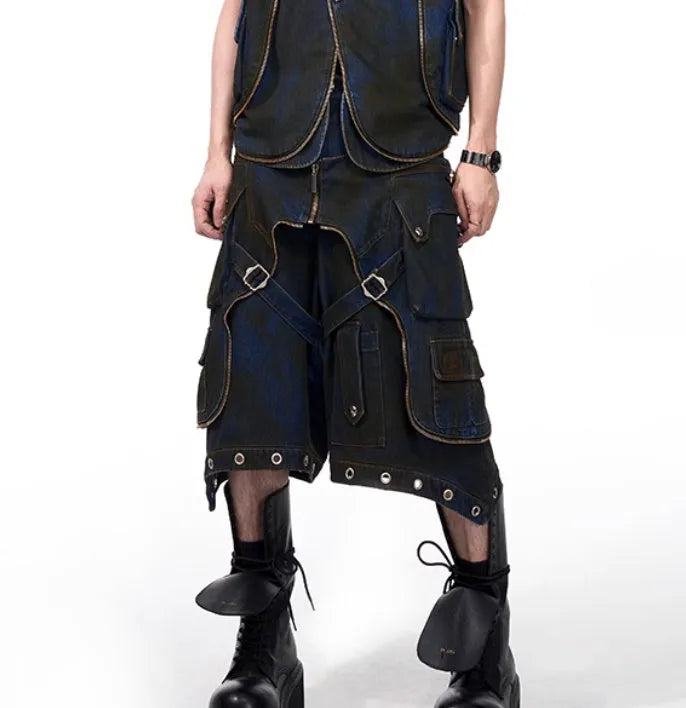 Blue hooded denim vest and matching trousers set with front zipper closure in Korean style