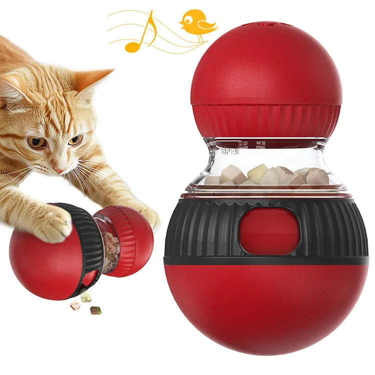 Rotating cat toy with super ball design showing food dropping mechanism and plastic construction