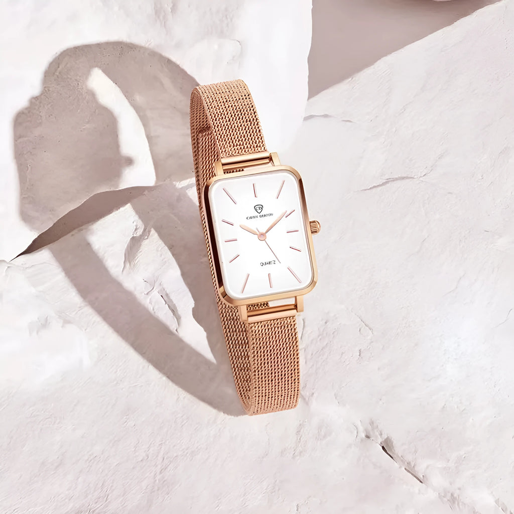 Women's waterproof quartz watch with alloy case and woven steel bracelet in rose gold or silver colour