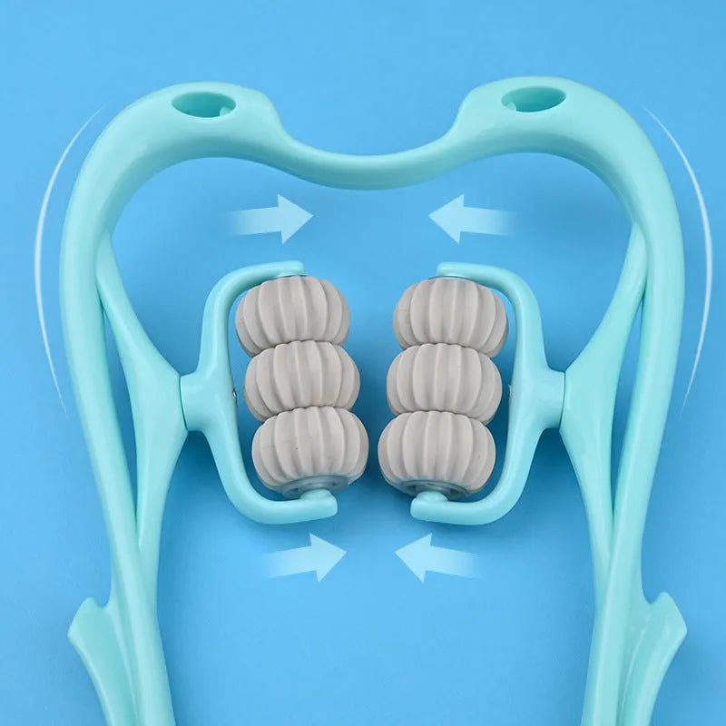 Blue plastic handheld massager with six wheels for neck, shoulder, and waist tension relief.