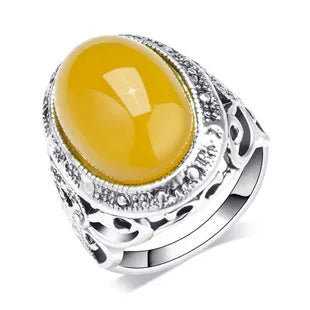 Fluorescent beeswax alloy plating ring in antique silver amber colour with geometric retro design