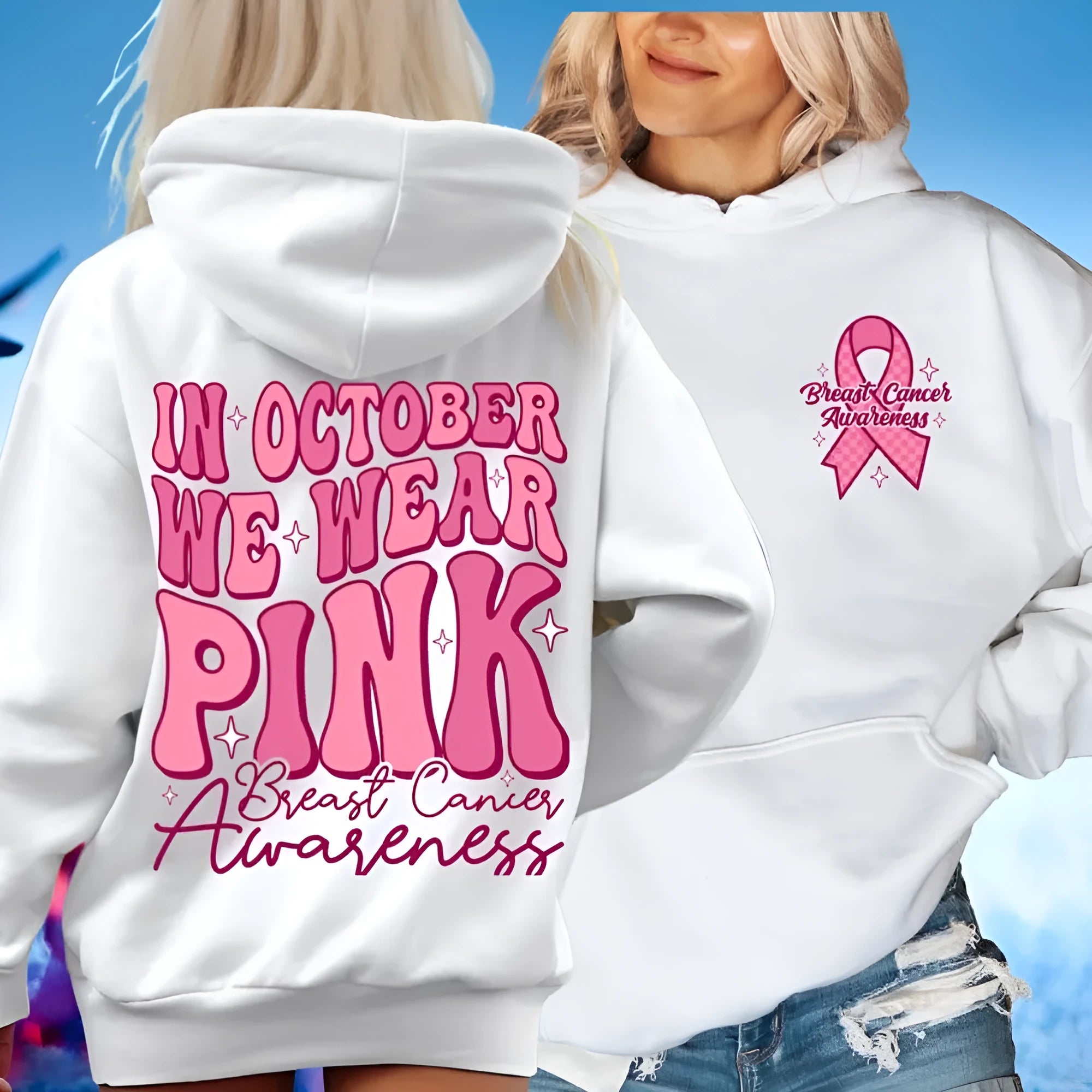 Breast Cancer Awareness pullover hoodie with retro art design and side seam pockets in a choice of colours.