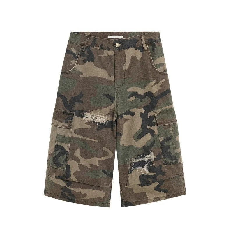 Men's camouflage cropped jeans with retro patch and ripped detailing in straight-leg loose fit
