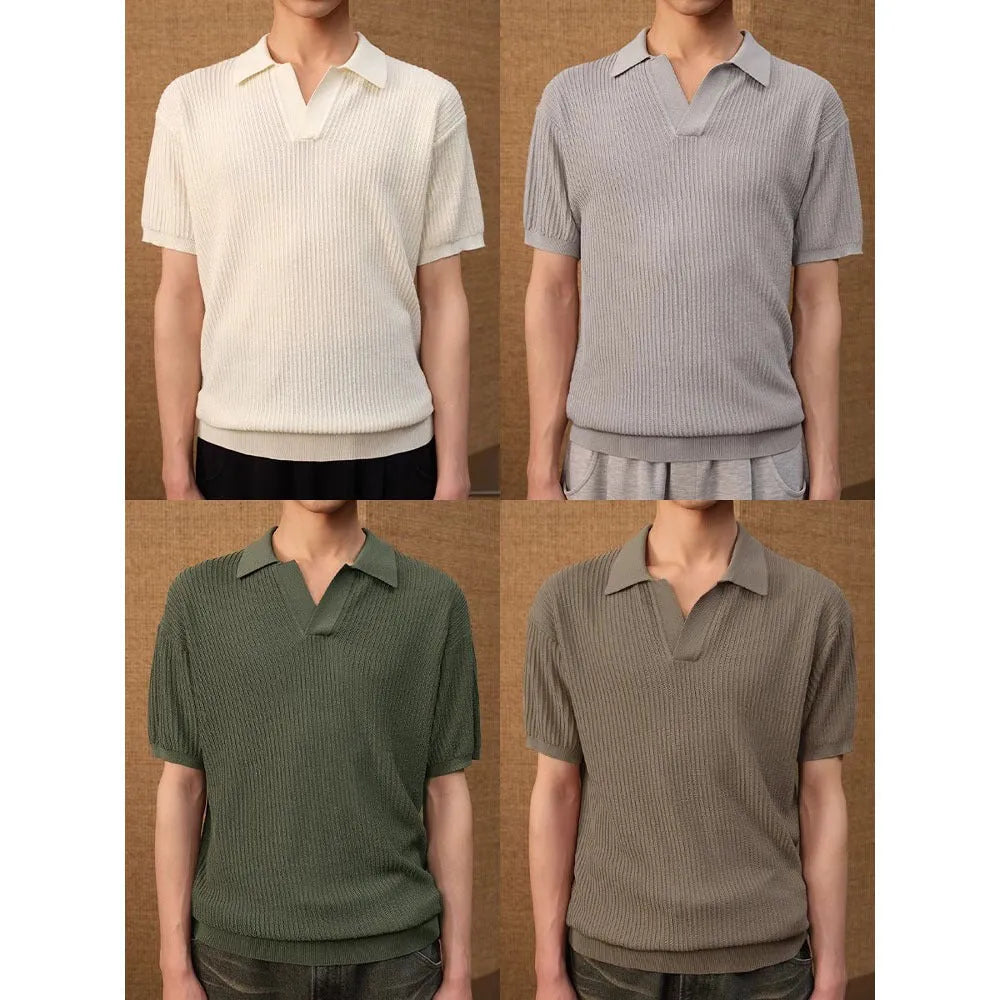 A creamy-white loose-fit polo shirt with a striped collar, made from thin ice silk fabric for summer.