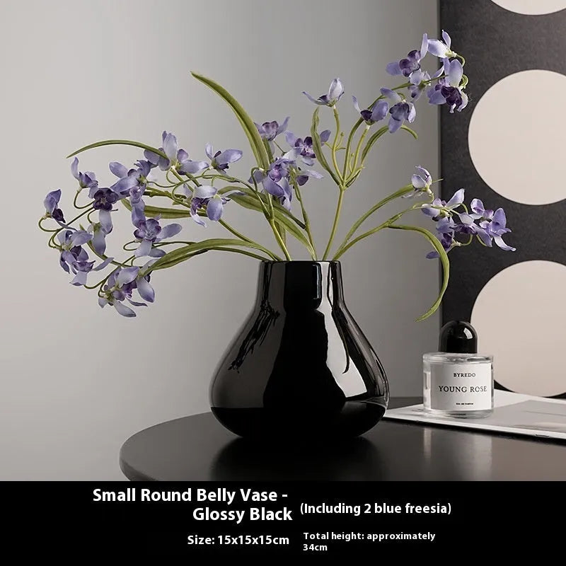 Ceramic round belly French high sense decorative vase in black or white with coloured glaze finish and floral ornaments