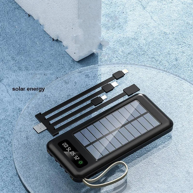 Cool black and ivory white solar power bank showing front view with USB ports and solar panel line.