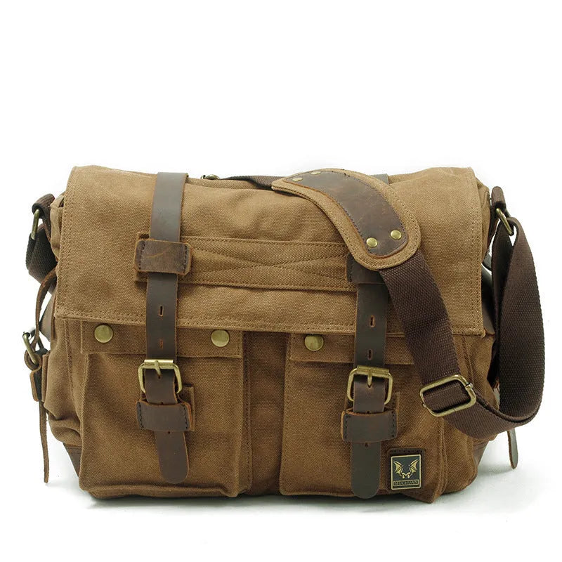 Men's canvas crossbody shoulder bag with postman flap closure in retro European style