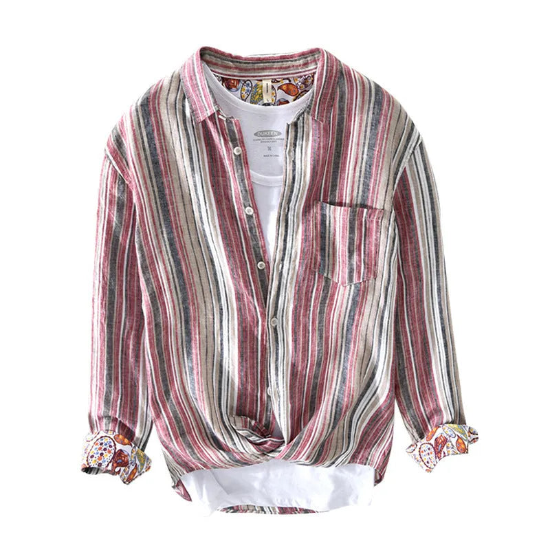 Men's grey linen striped shirt with long sleeves and loose casual fit