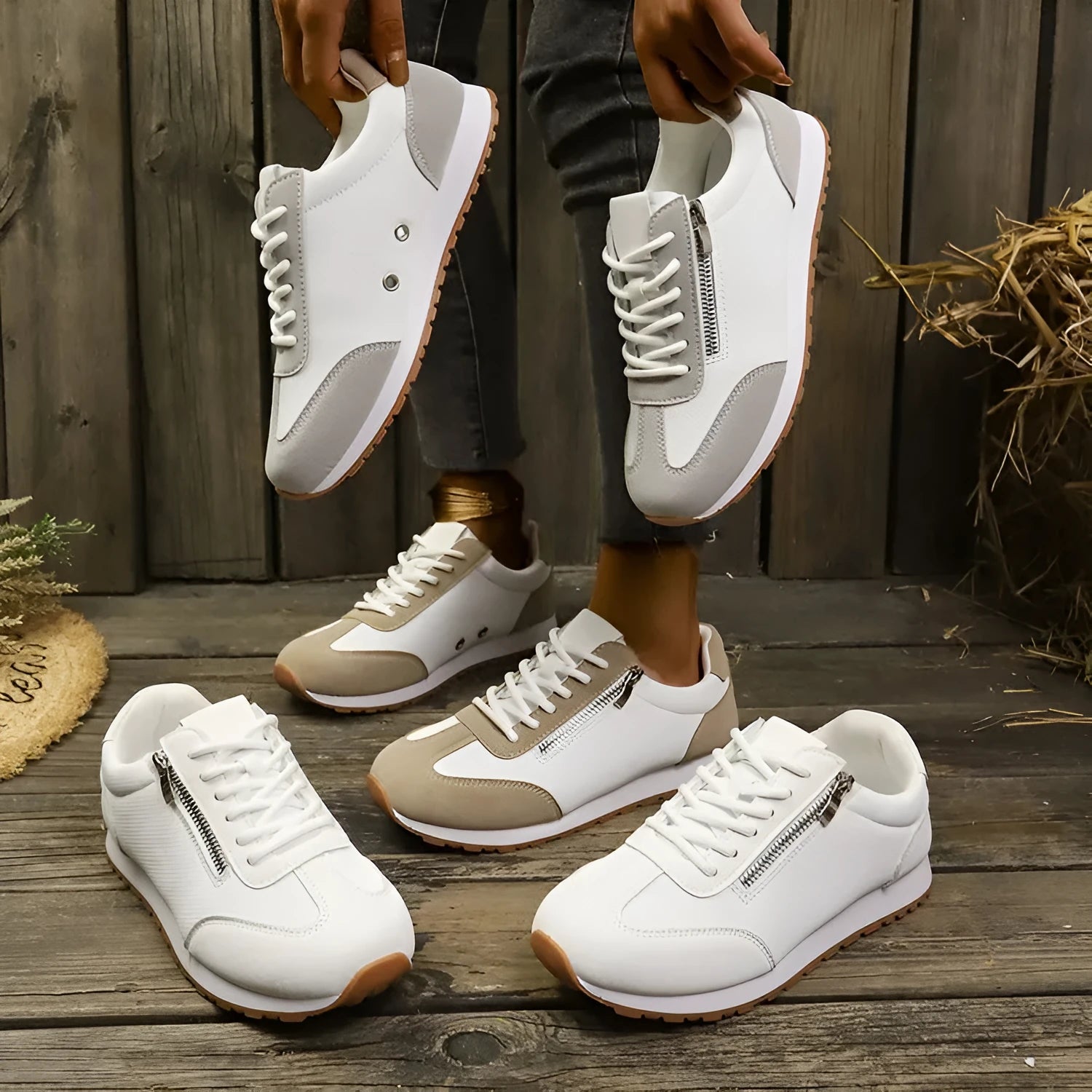 Women's flat-heeled shoes in artificial PU, shown in grey, white, and Champagne colours on a rubber sole.