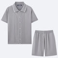 Tencel viscose knitted business casual two-piece set showing short sleeve top and matching shorts.