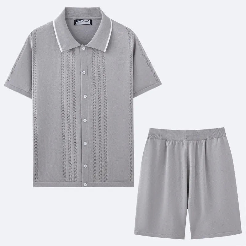 Tencel viscose knitted business casual two-piece set showing short sleeve top and matching shorts.