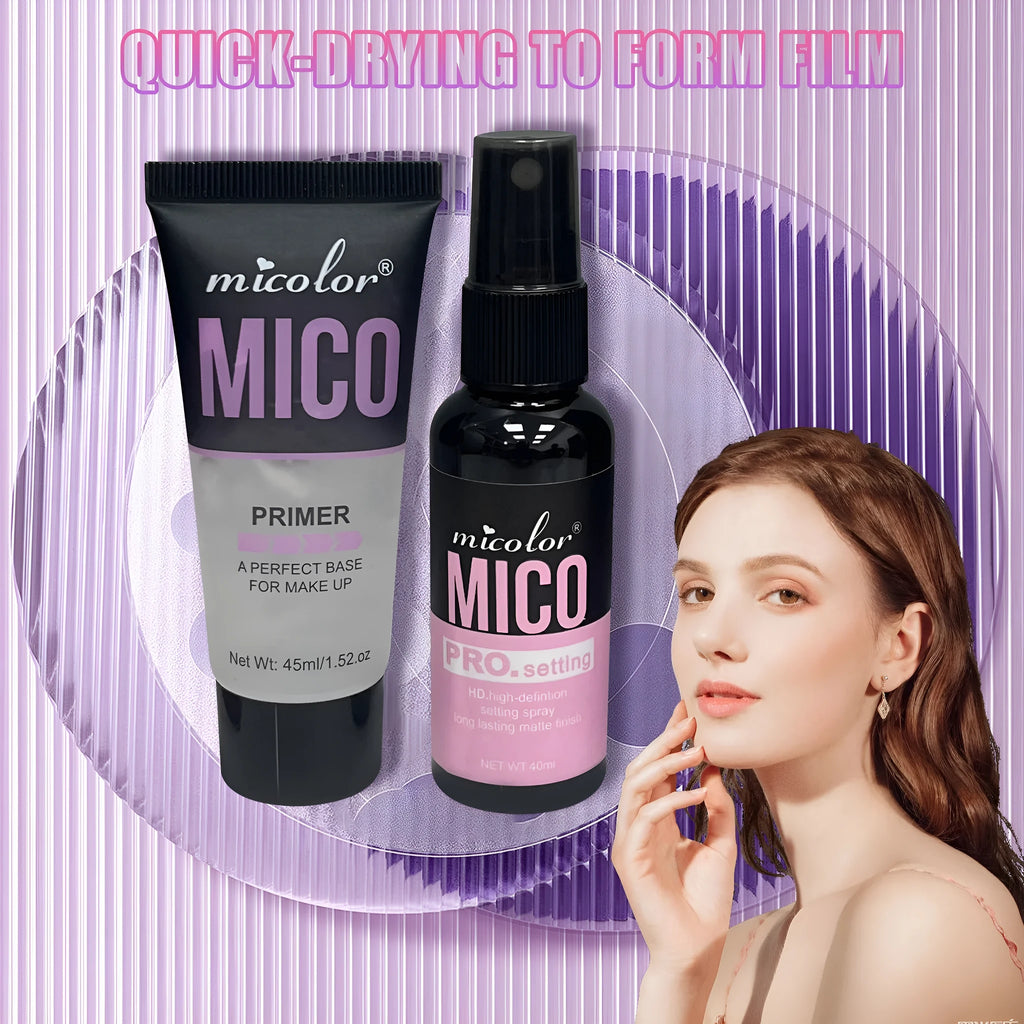 Makeup primer and setting spray duo with 45ml and 40ml bottles in monochrome packaging