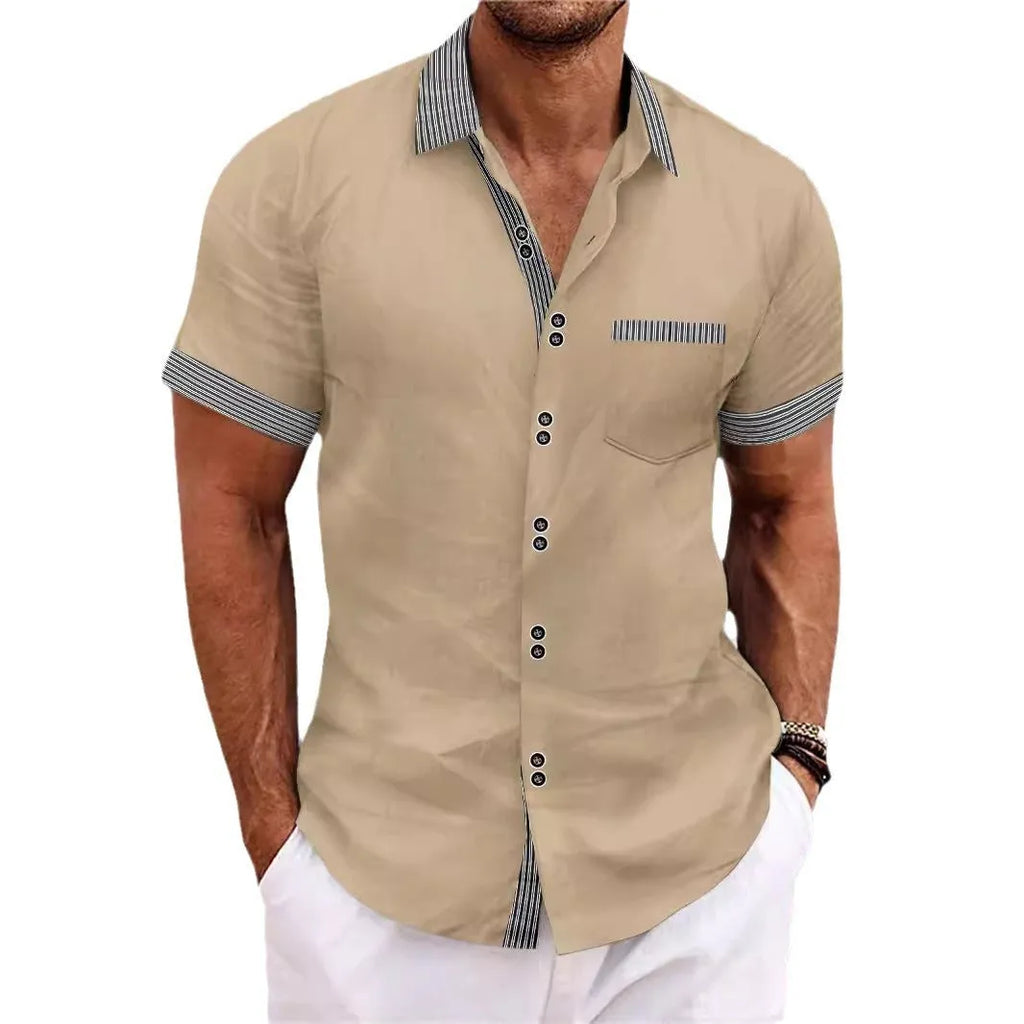 Striped double button short sleeve casual shirt in pure cotton with slim fit design