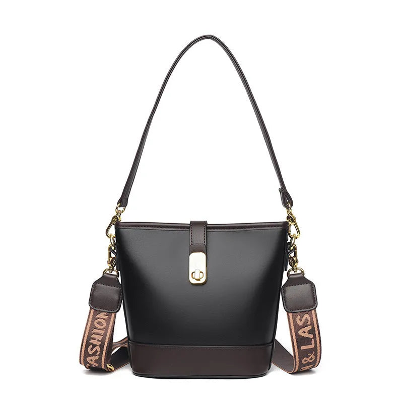 Korean style soft PU leather bucket bag in black with double shoulder straps and external sandwich pocket