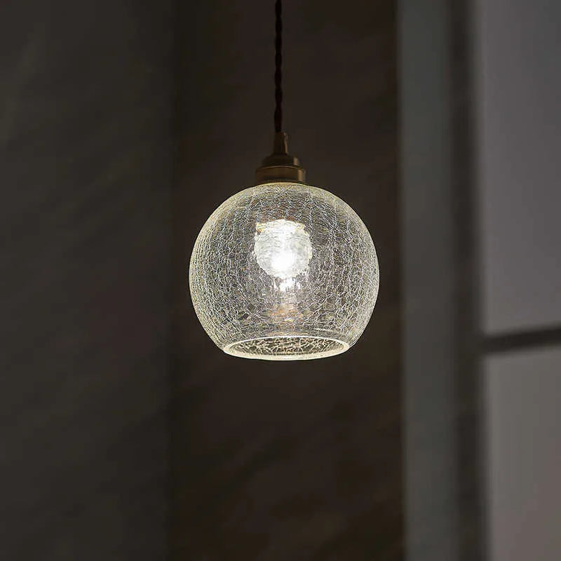 Retro brass and glass ball ceiling chandelier with copper body and spherical shade