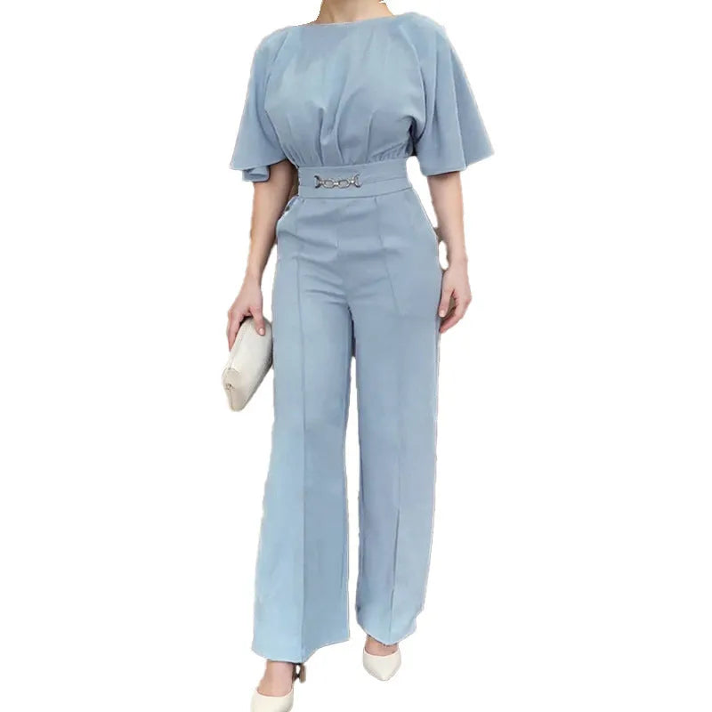 Blue polyester men's suit set with trousers and long-sleeved jacket in European/American sizing