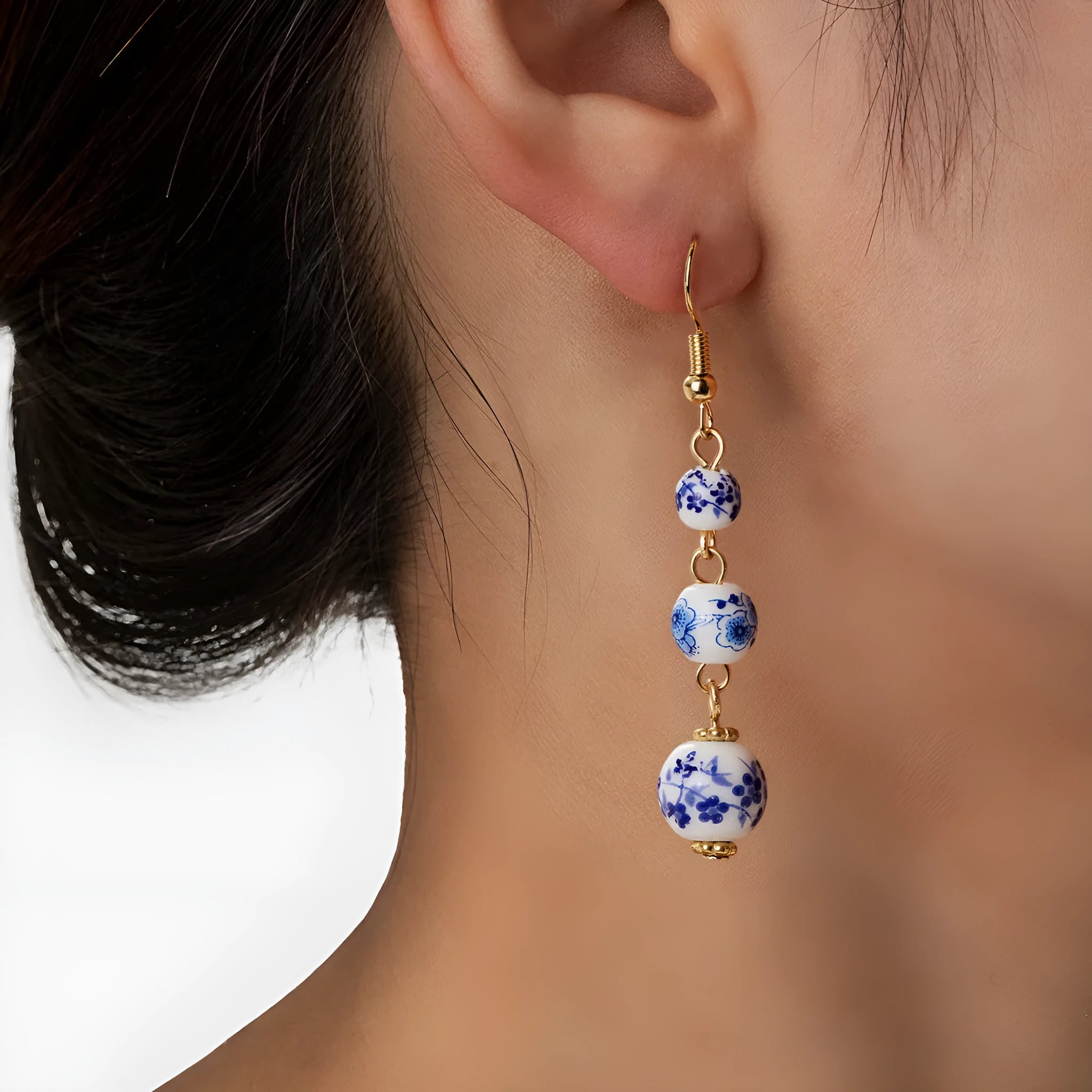 Long blue and white porcelain ceramic bead retro earrings with geometric Chinese style design on alloy.