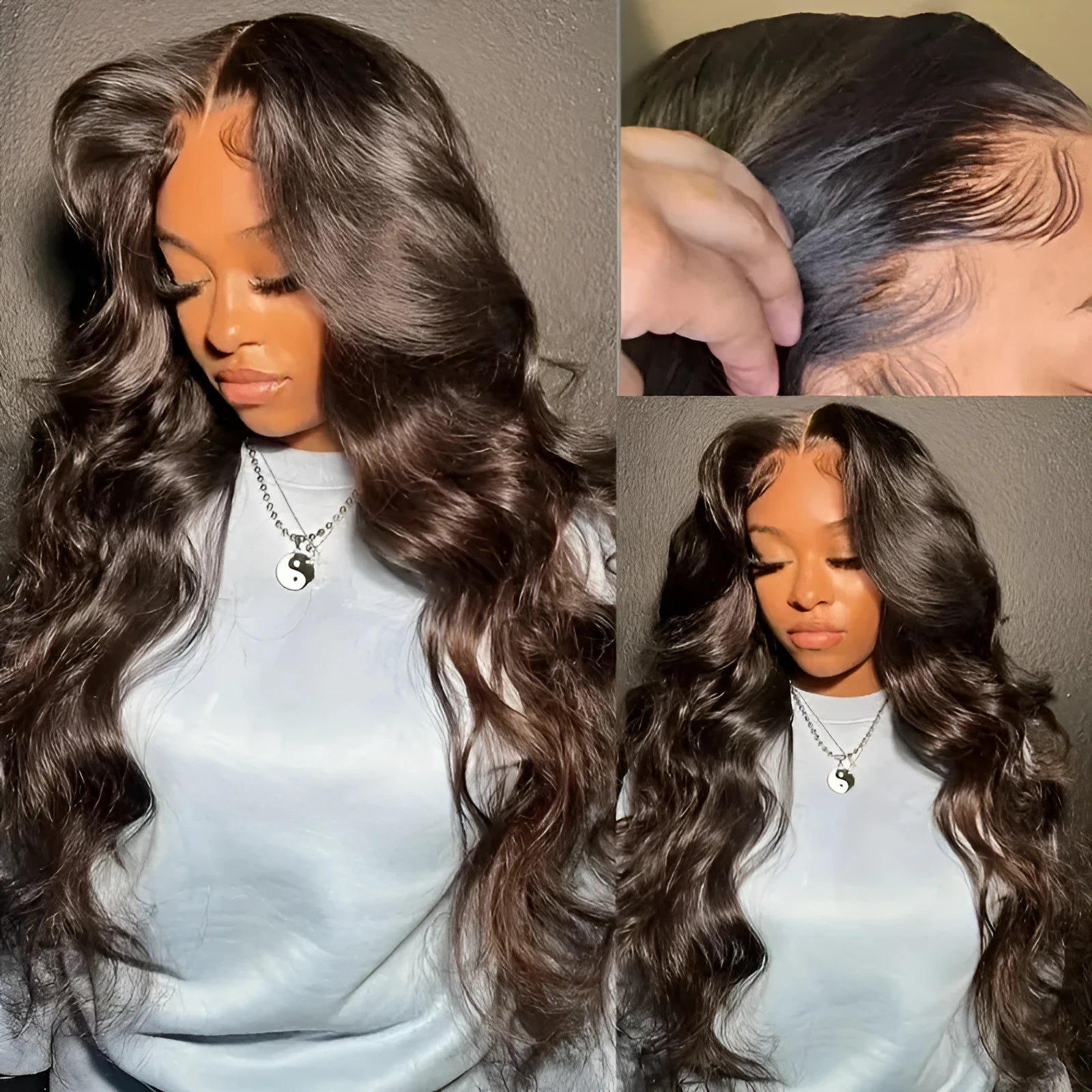 Dark brown long curly front lace wig with side bangs, made from high temperature fibre.