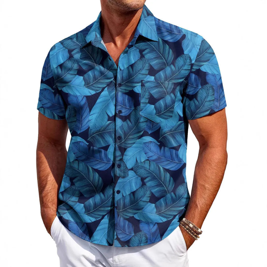 Man wearing a slim fit short sleeve Hawaiian shirt in a cardigan style with a bold pattern.
