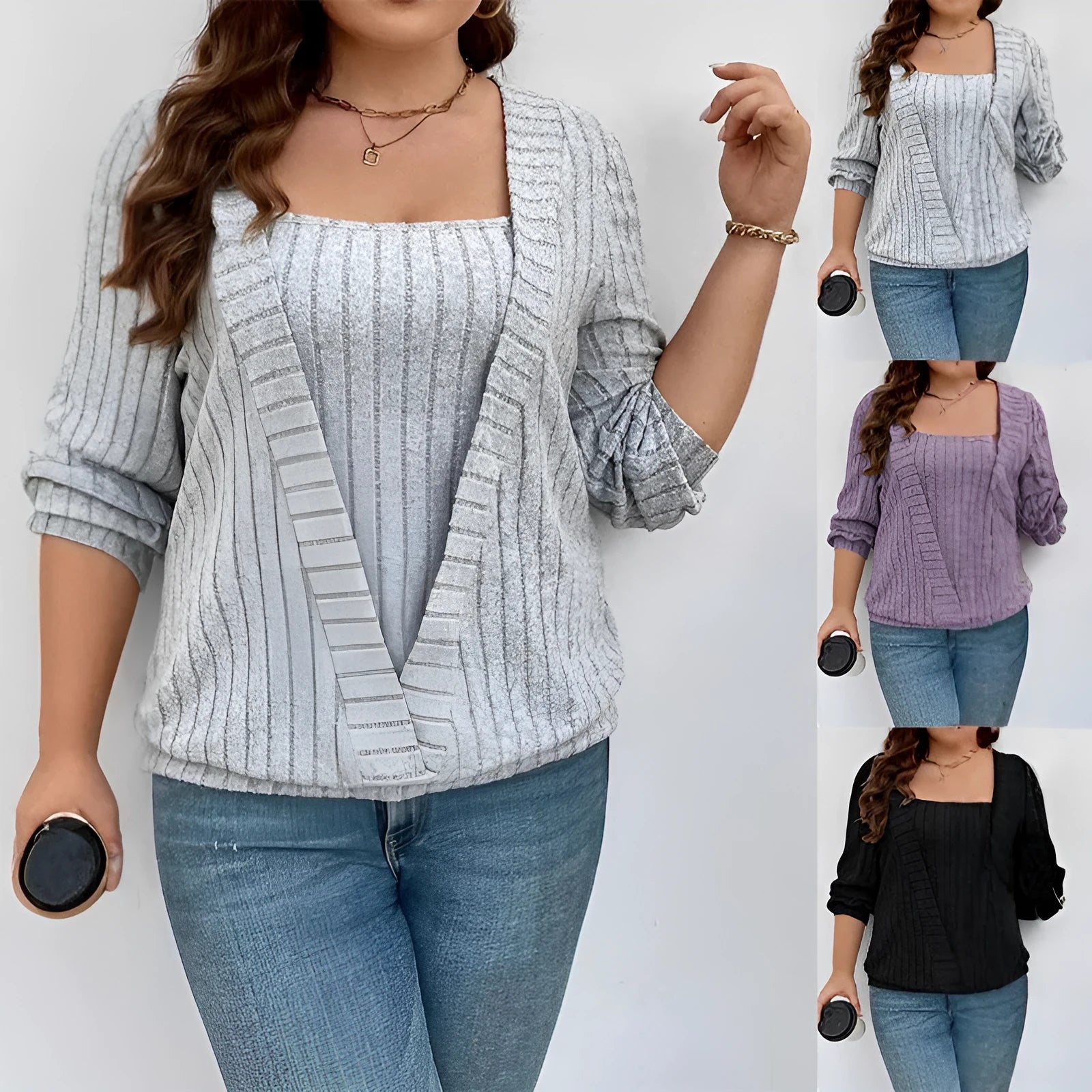Solid colour rib fabric V-neck false two-piece dress with long sleeves in loose fit