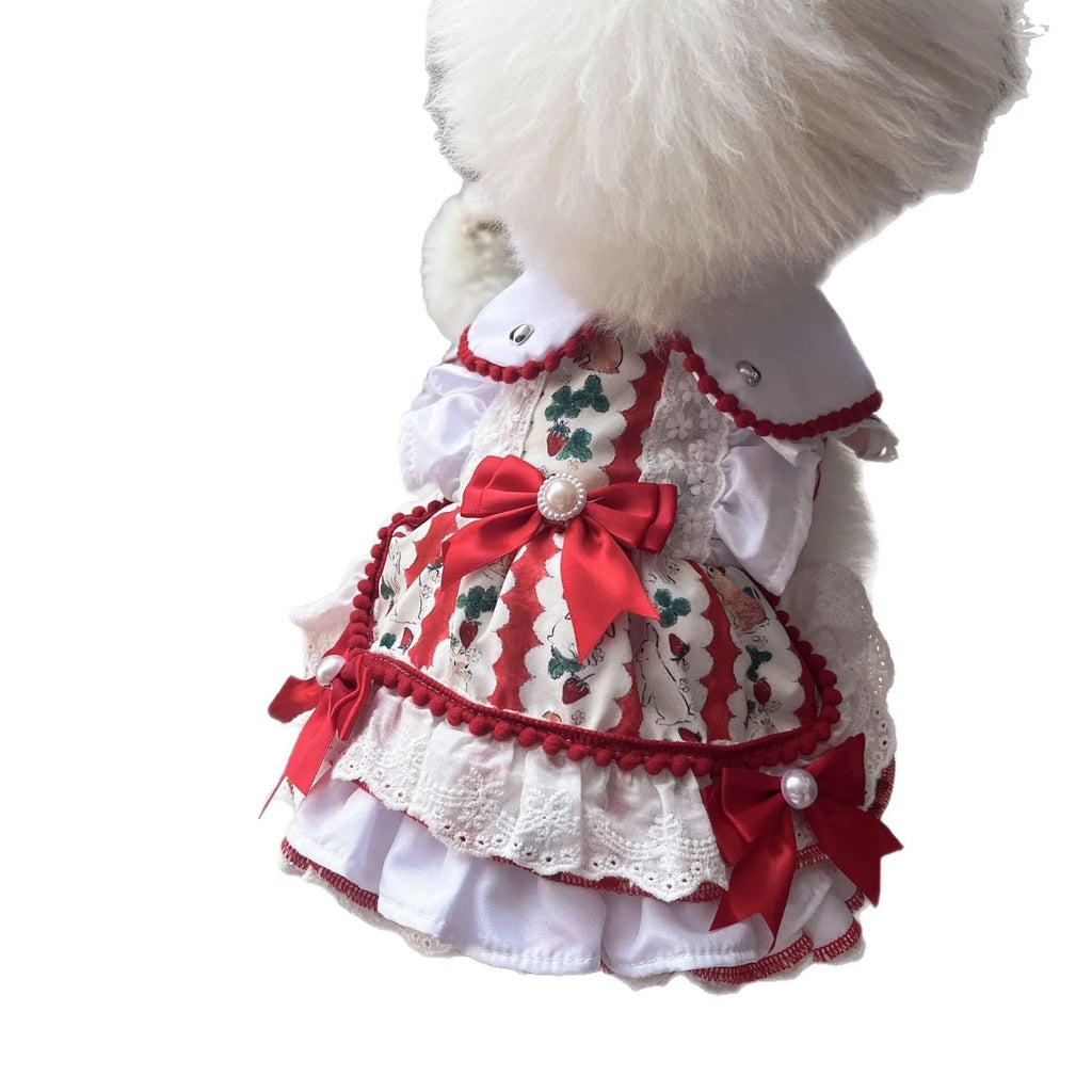 Rabbit skirt princess style dog dress in polyester fabric shown on small dog