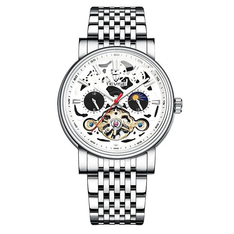 Men's tourbillon mechanical watch with luminous hands and water resistance in rose black colour