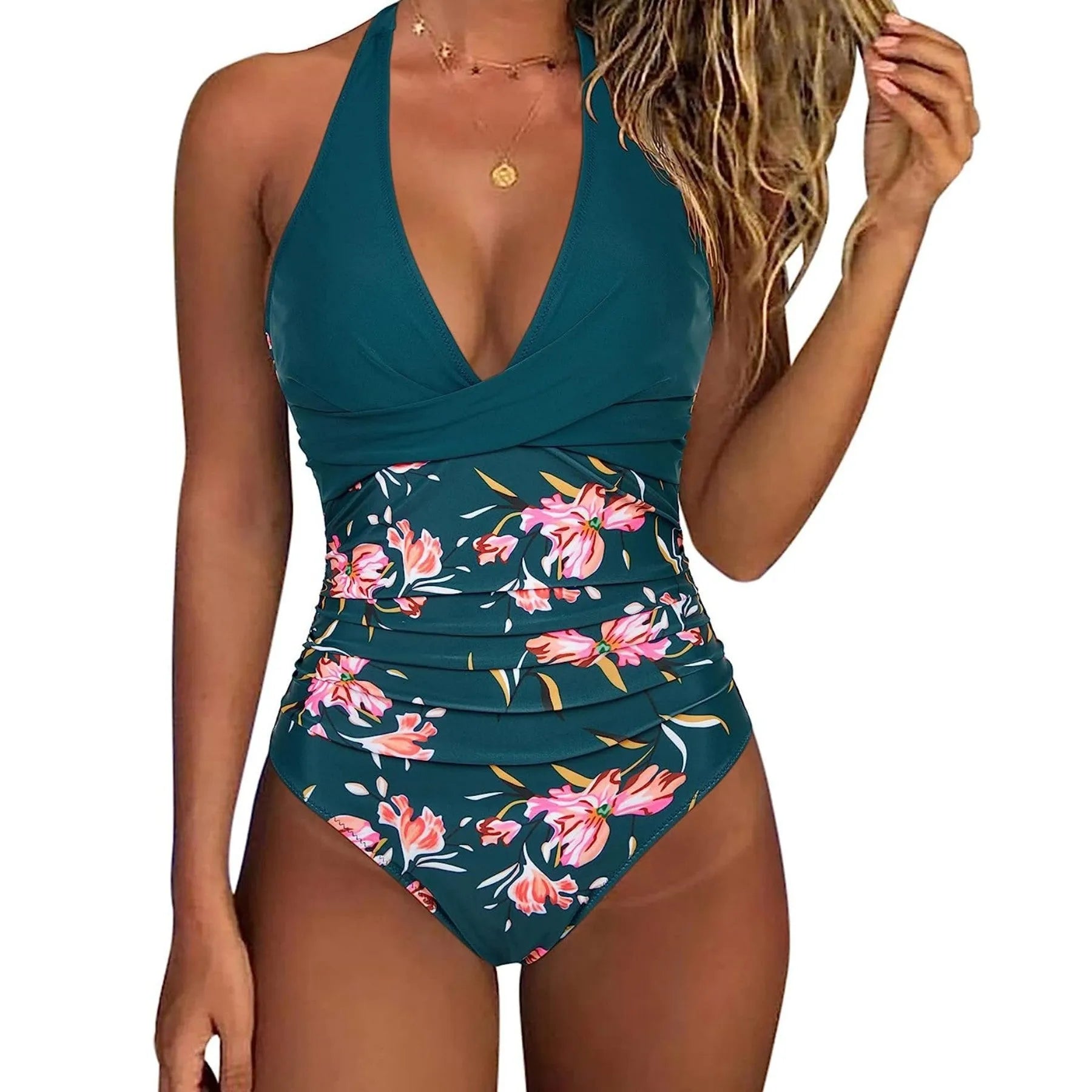 Women's printed one-piece bikini swimsuit with lace-up backless design in leopard print