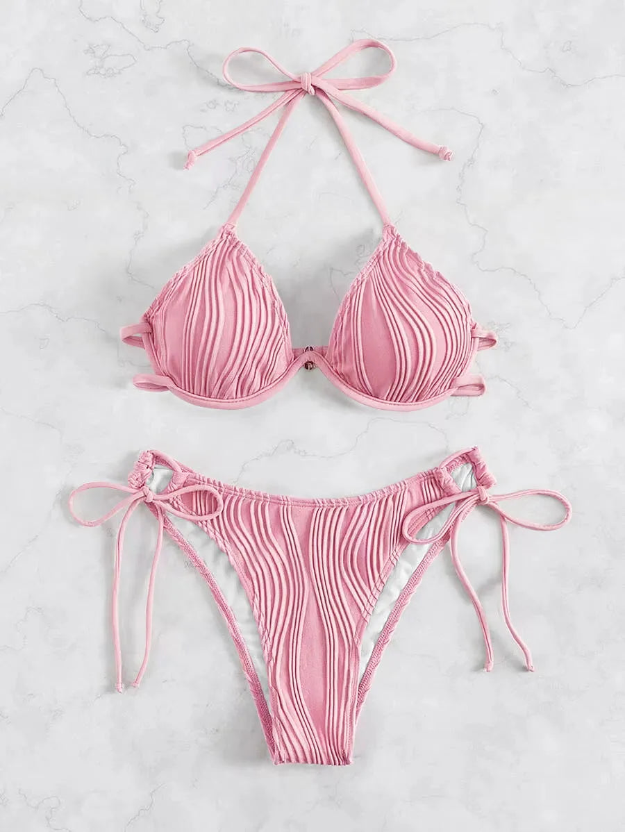 Women's steel bracket bikini swimsuit in polyester fabric with split triangle design