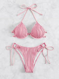 Women's steel bracket bikini swimsuit in polyester fabric with split triangle design