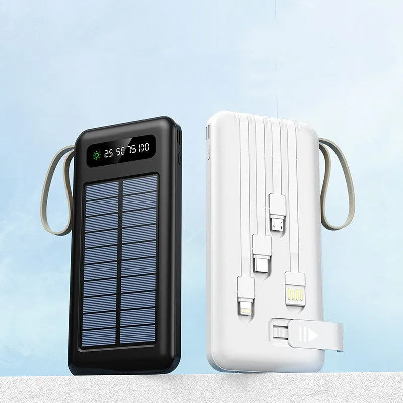 Cool black and ivory white solar power bank showing front view with USB ports and solar panel line.