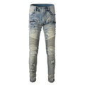 Light blue men's jeans with hand-frayed distressing, slim stretch fit, and straight leg opening