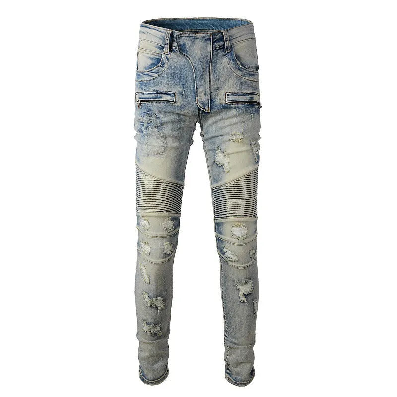 Light blue men's jeans with hand-frayed distressing, slim stretch fit, and straight leg opening