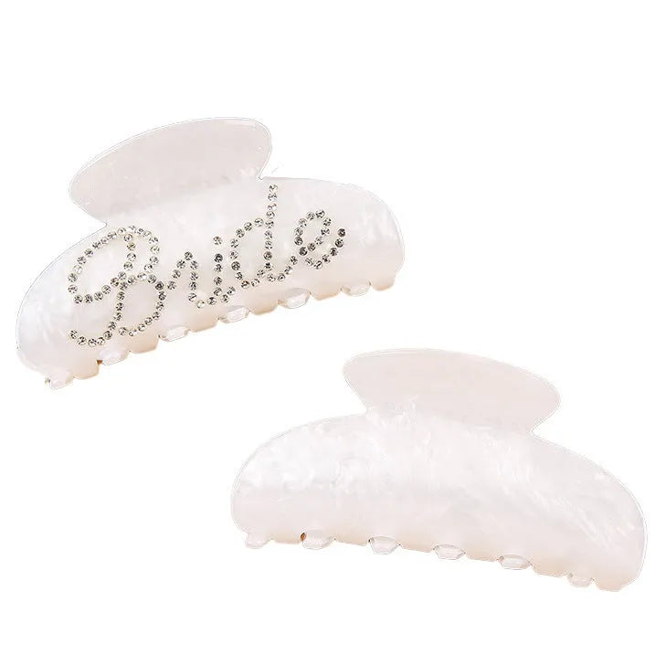 Pink and white 10cm acrylic hair barrettes with shark clip backs and diamond spot drill decoration