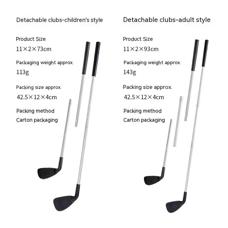 Metal golf club set showing adult and children's colour options for outdoor sports practice
