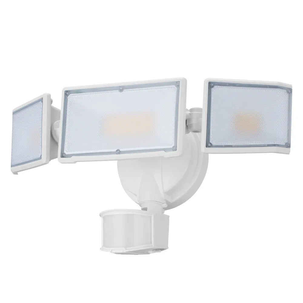 White 120V LED flood light with motion sensor for outdoor security mounting.
