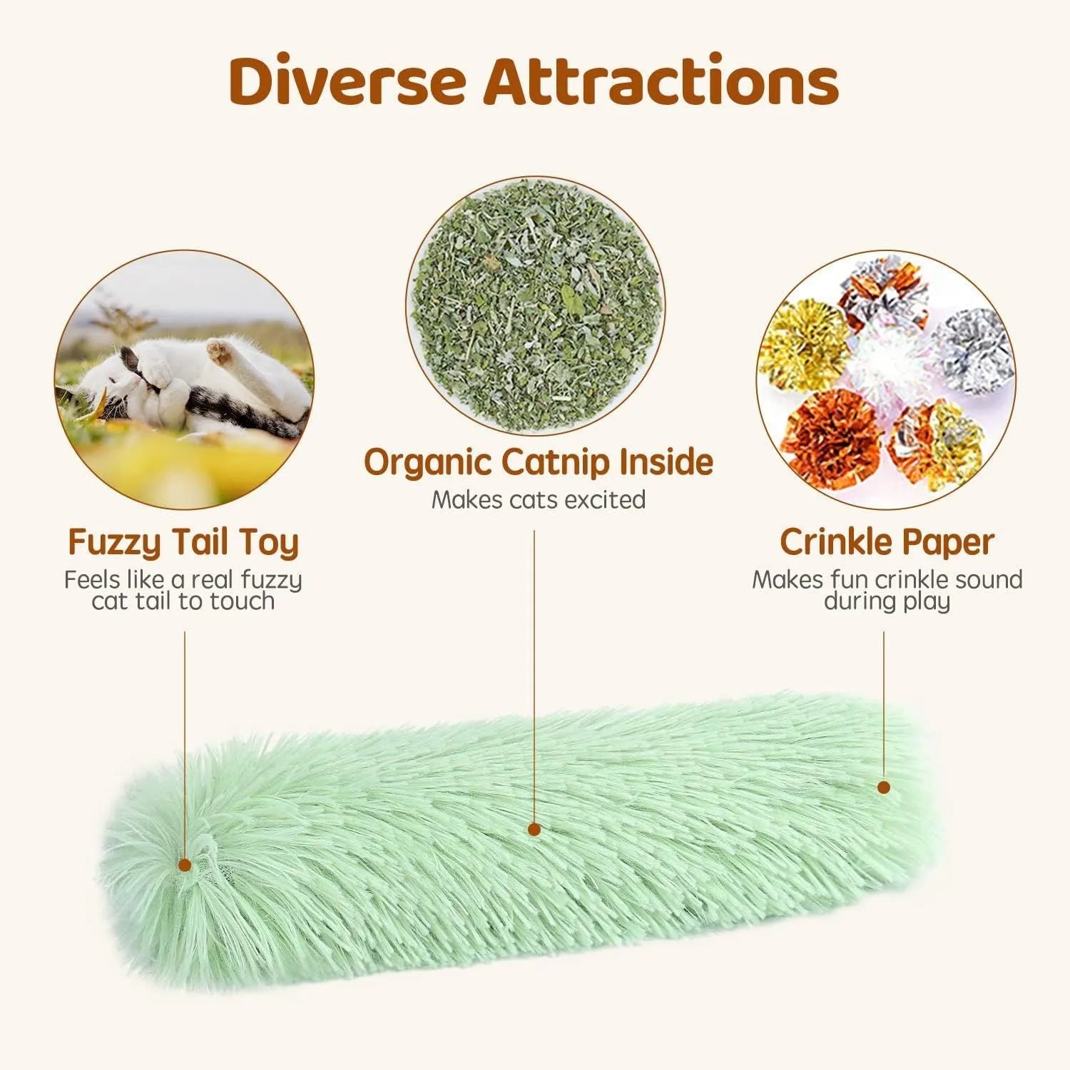 Soft plush cat toy pillow in blue, green, pink, and white colours, shown next to a measuring tape indicating 27cm length.