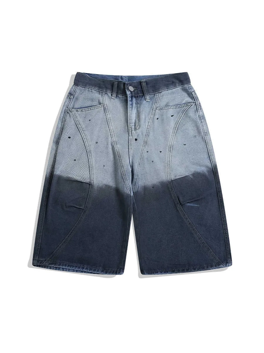 Blue tie-dye gradient cropped jeans with a washed-out, worn-in look and loose casual fit
