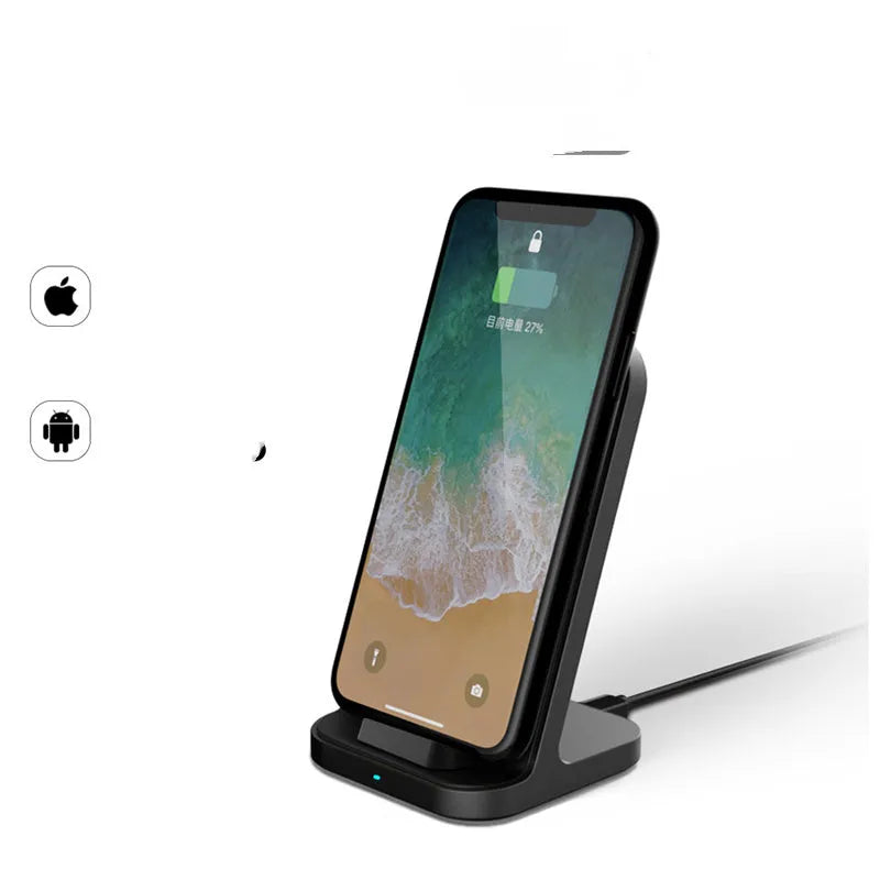 Dark grey vertical wireless charging stand for smartphones on desktop
